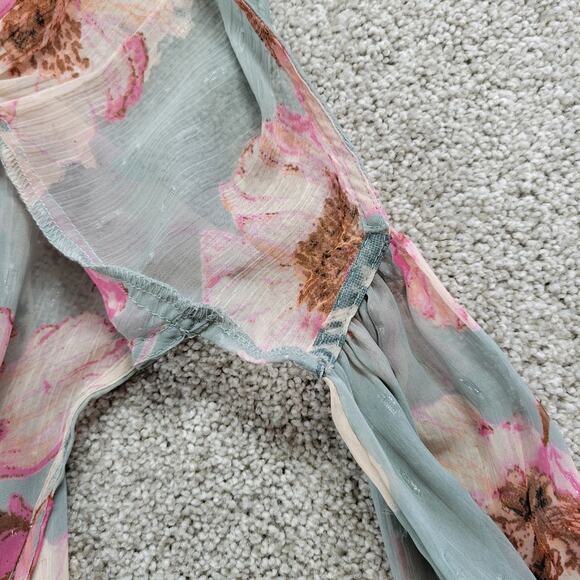 Express Wrap Dress Womens S/M Green Floral Watercolor Sheer Tiered Long Maxi - Picture 10 of 16